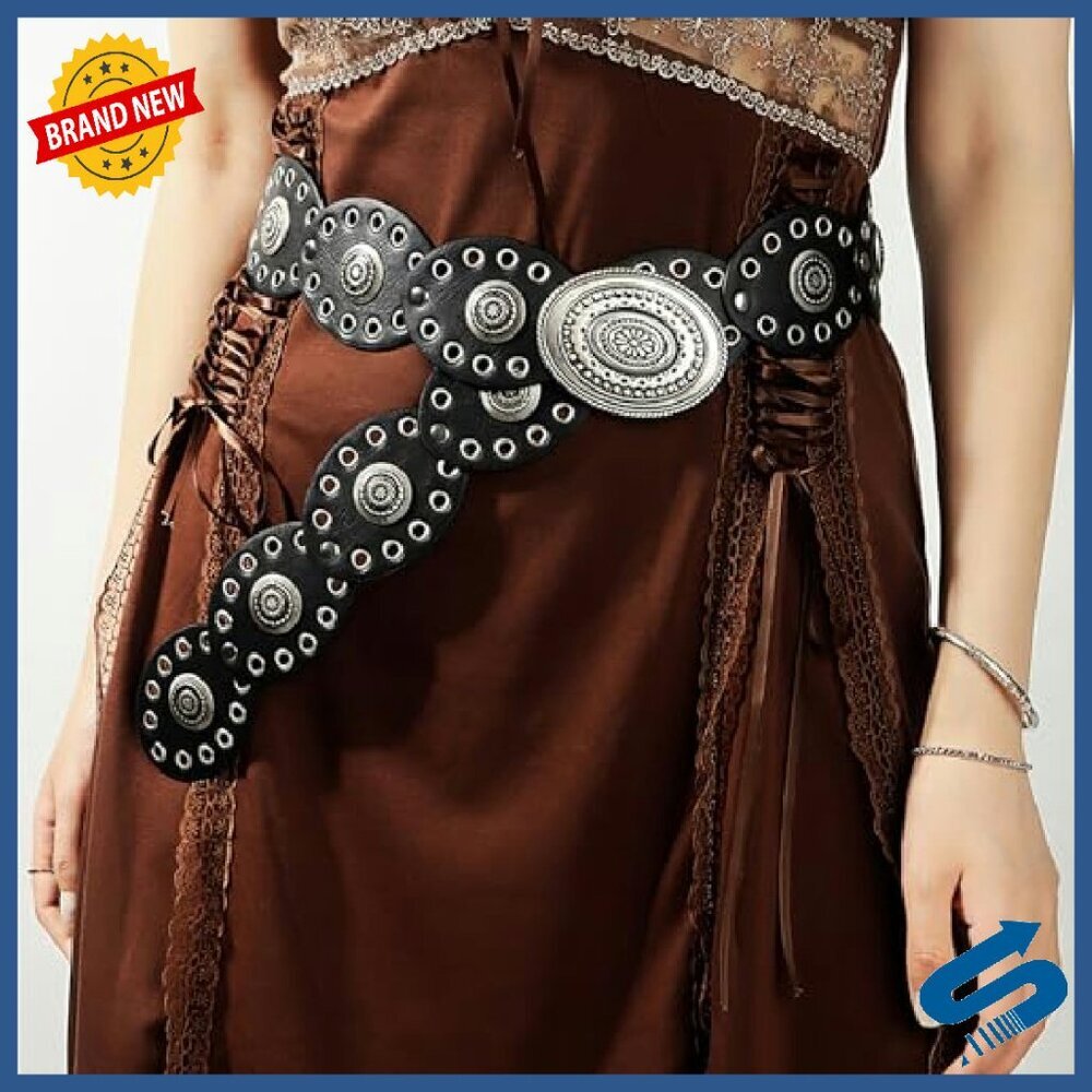 Vintage Western Disc Concho Leather Belt Adjustable Hollow Boho Style - Picture 3 of 8